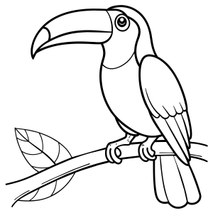 Tucano pousado no galho com folhinhas para colorir