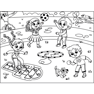 Turma brincando de amarelinha e bola no pátio para colorir
