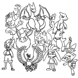 Turma de Pokémon com o treinador para colorir