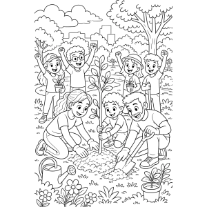 Turma plantando árvores juntos para colorir