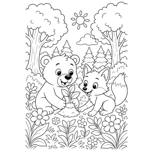 Ursinho e raposa plantando uma árvore para colorir