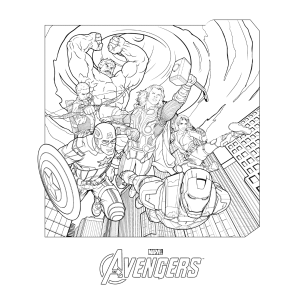 Vingadores lutando juntos contra o inimigo para colorir