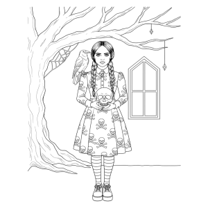 Wandinha com a caveira debaixo da árvore para colorir