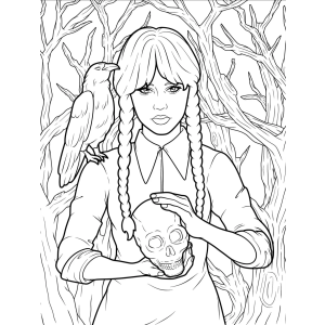 Wandinha com o corvo e a caveira para colorir