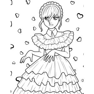 Wandinha com vestido de babados e corações para colorir