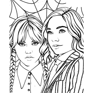Wandinha e Enid entre teias de aranha para colorir
