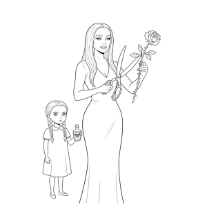 Wandinha e Mortícia com uma rosa para colorir