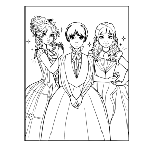 Wandinha no baile com as amigas para colorir
