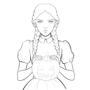 Wandinha segurando a abóbora de Halloween para colorir