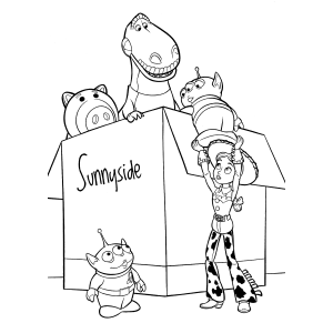 Woody e Buzz saindo da caixa de brinquedos para colorir