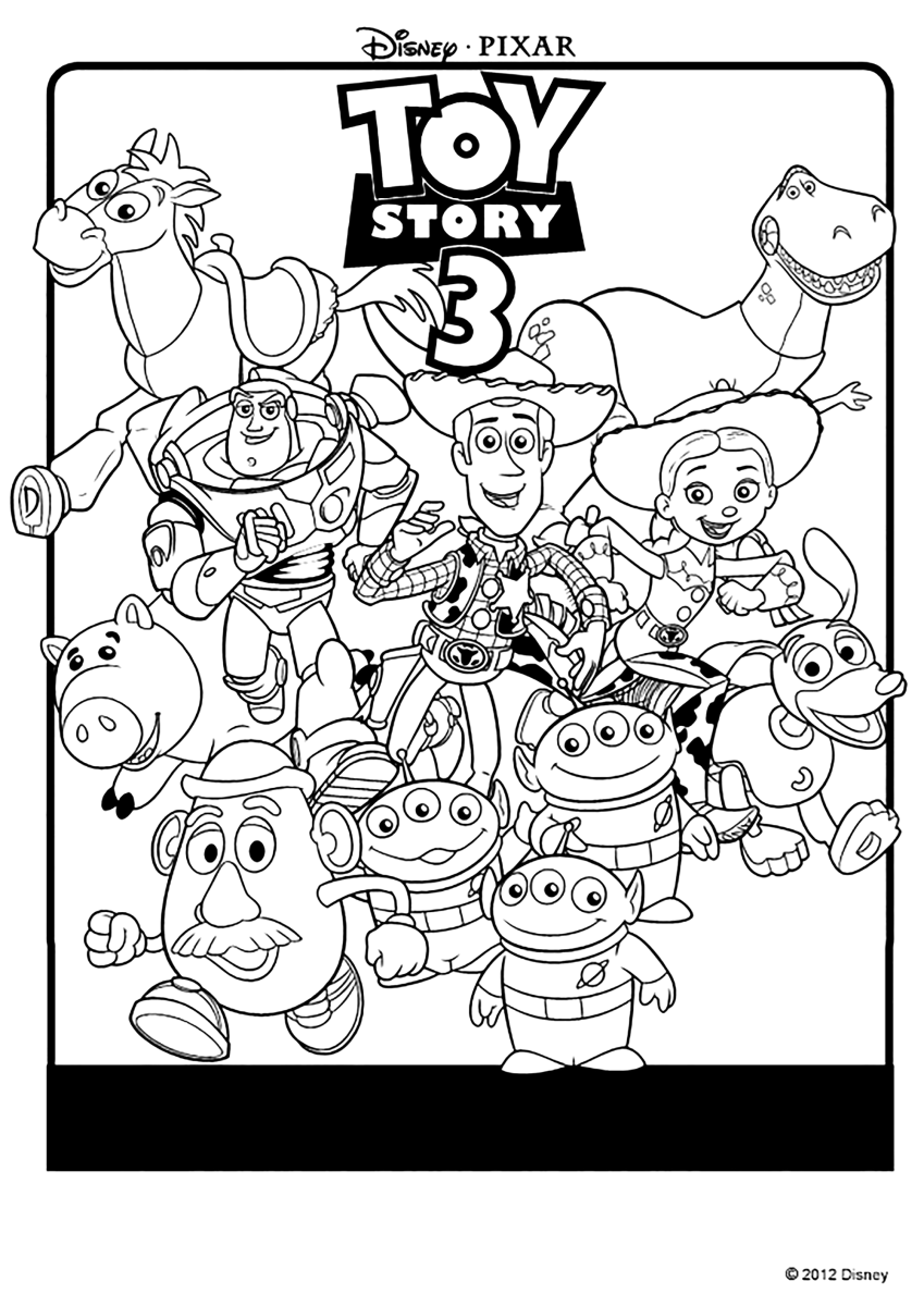 Desenho de Toda a turma de Toy Story 3 reunida para imprimir e colorir
