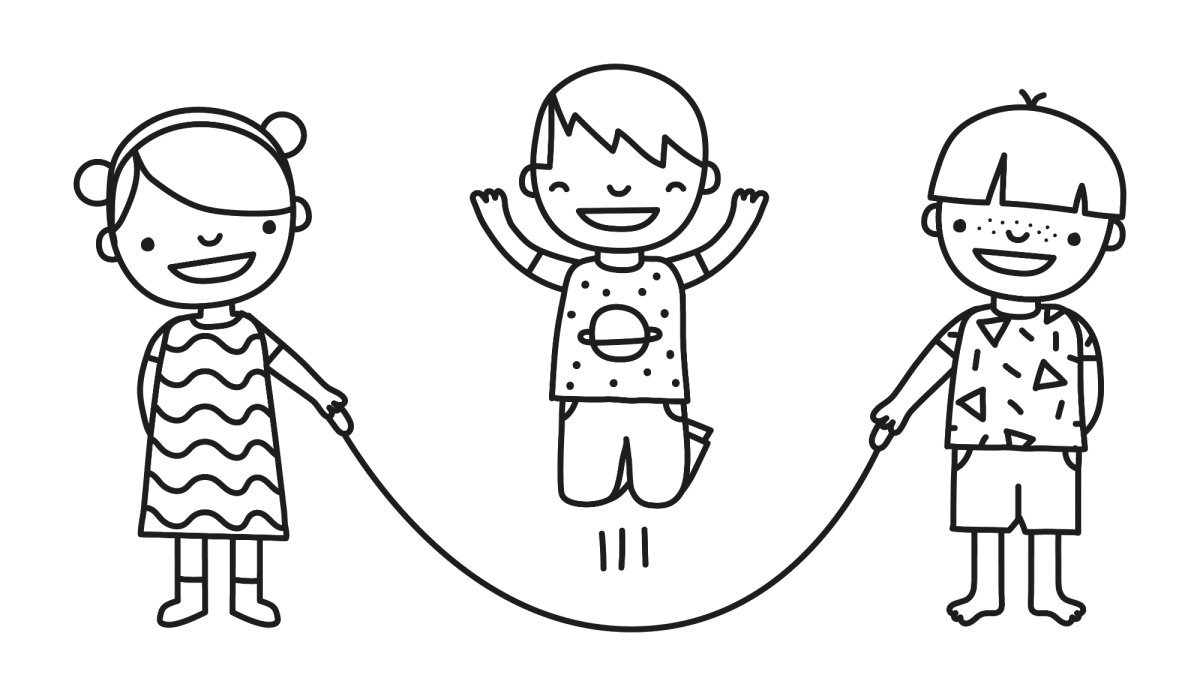 Desenho de Três amigos pulando corda para imprimir e colorir