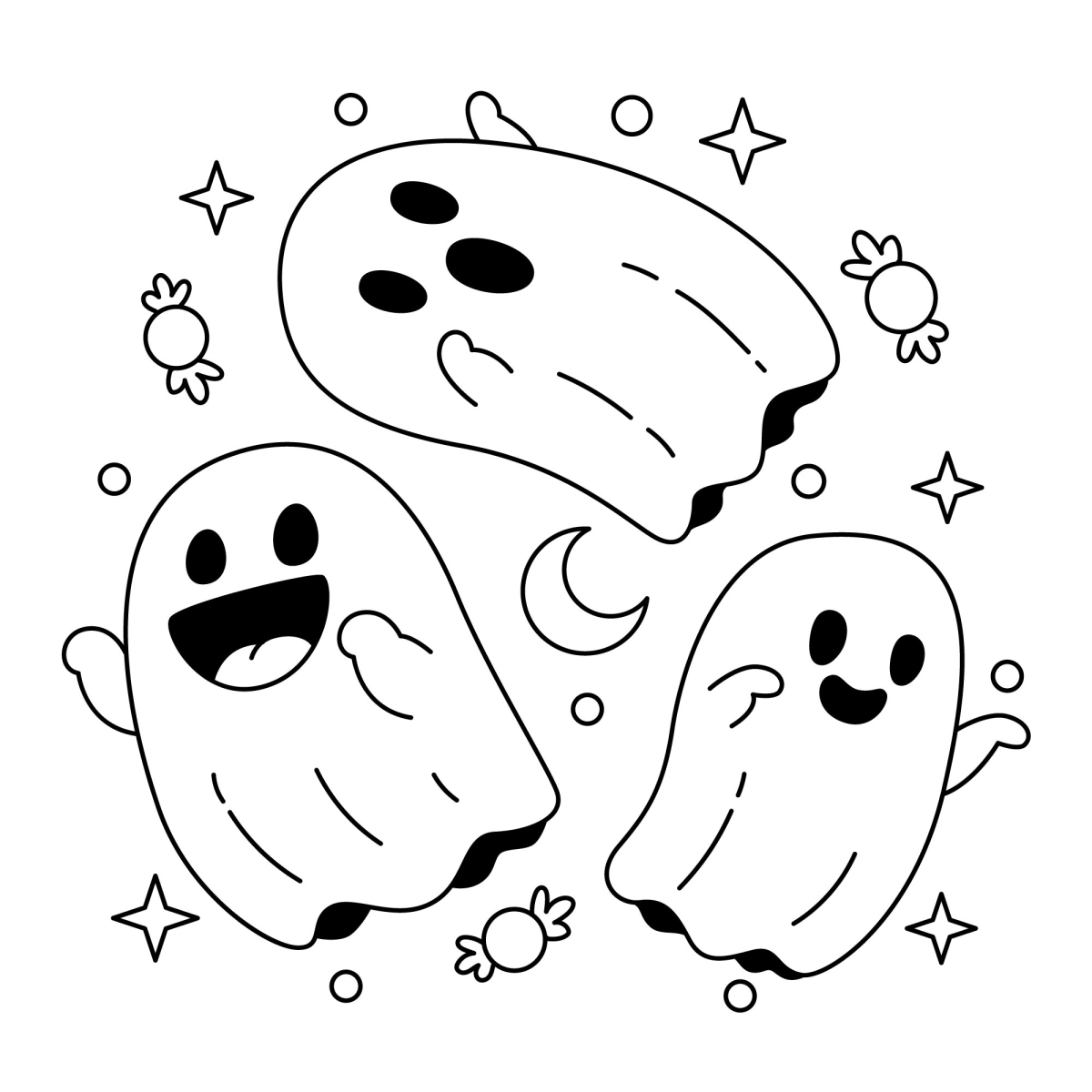 Desenho de Três fantasminhas brincalhões para imprimir e colorir