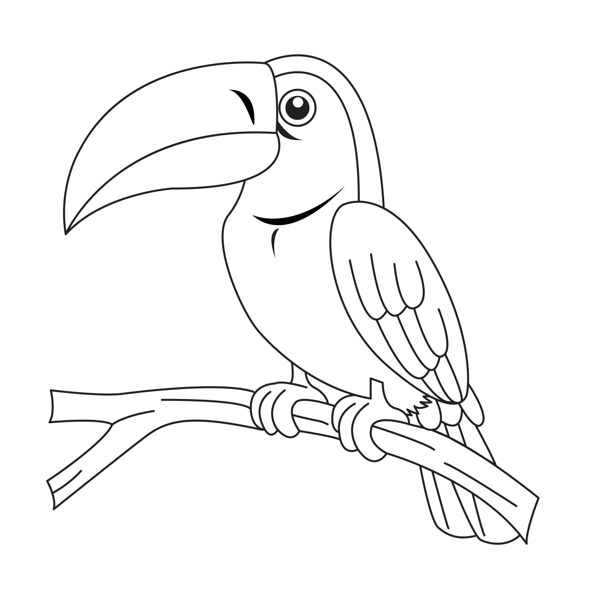 Desenho de Tucano de traço fino no galho para imprimir e colorir