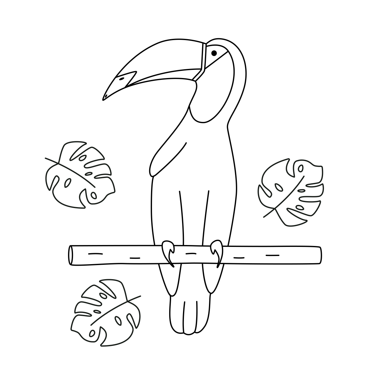 Desenho de Tucano no galho com folhas de costela-de-adão para imprimir e colorir