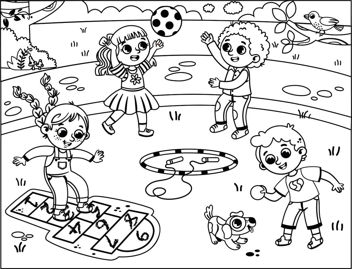 Desenho de Turma brincando de amarelinha e bola no pátio para imprimir e colorir