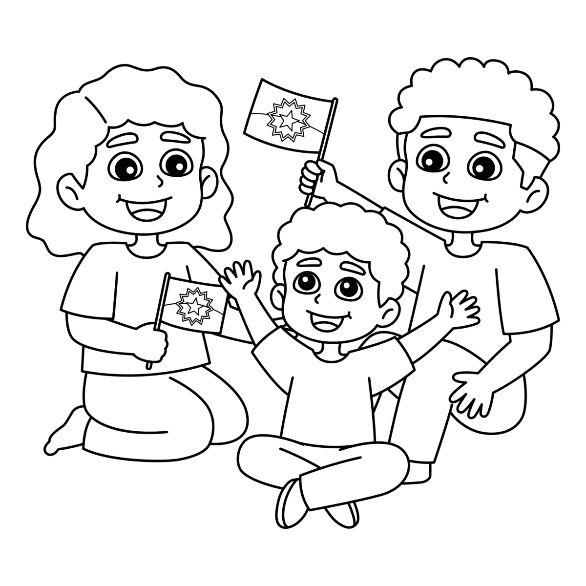 Desenho de Turma de amigos com bandeirinha e sorvete para imprimir e colorir