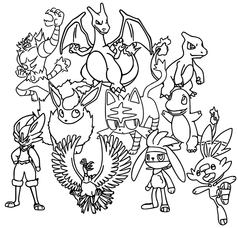 Desenho de Turma de Pokémon com o treinador para imprimir e colorir