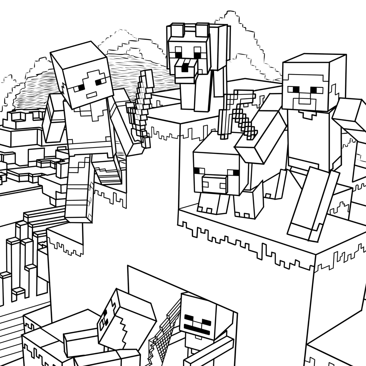 Desenho de Turma do Minecraft na floresta para imprimir e colorir
