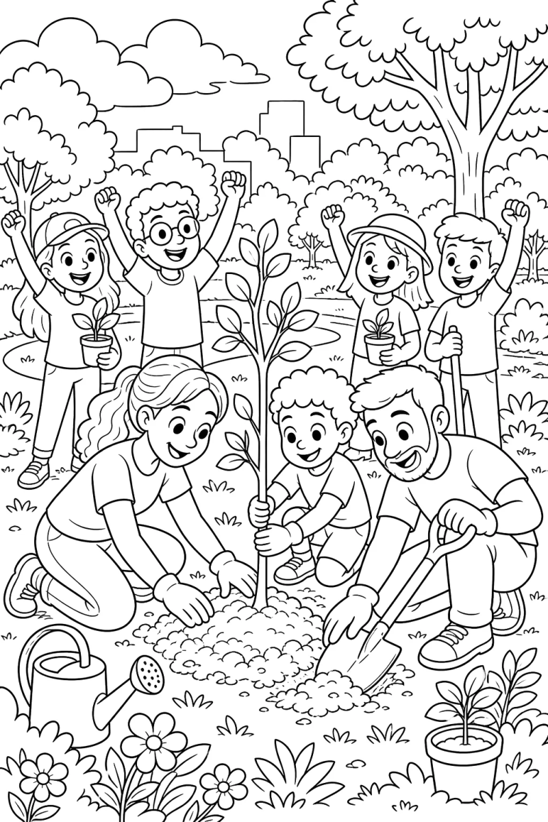 Desenho de Turma plantando árvores juntos para imprimir e colorir
