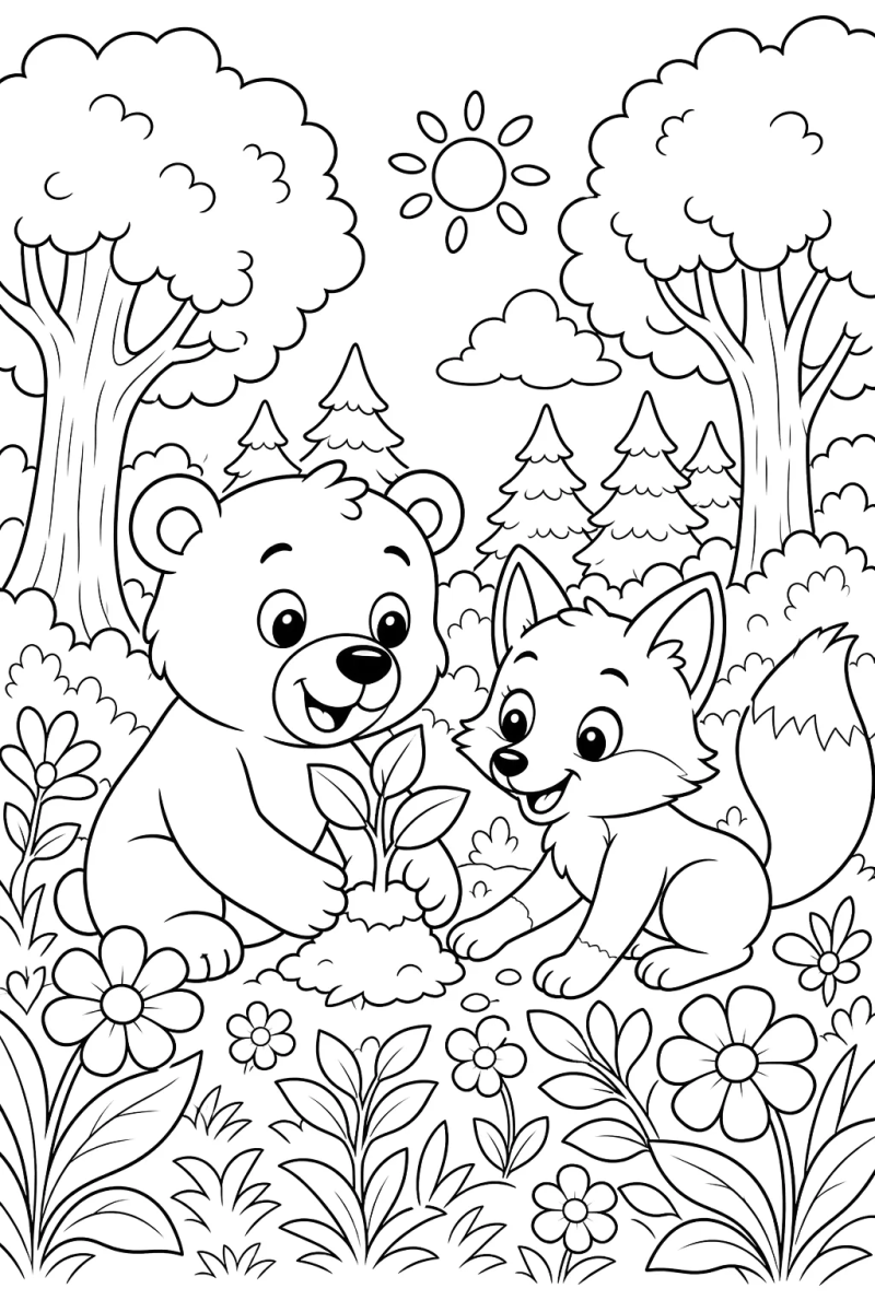 Desenho de Ursinho e raposa plantando uma árvore para imprimir e colorir