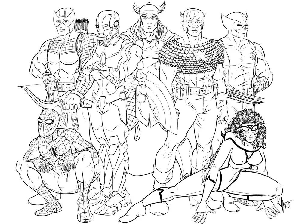 Desenho de Vingadores clássicos reunidos para imprimir e colorir