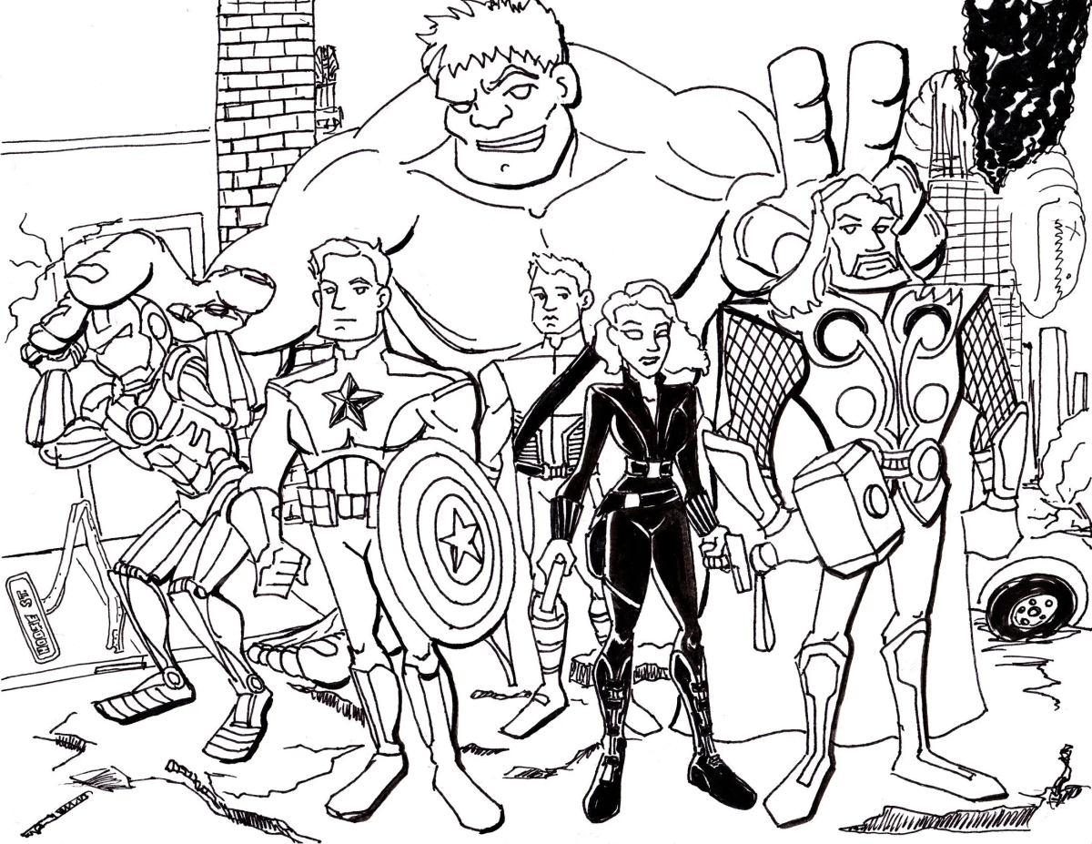 Desenho de Vingadores em estilo desenho animado para imprimir e colorir