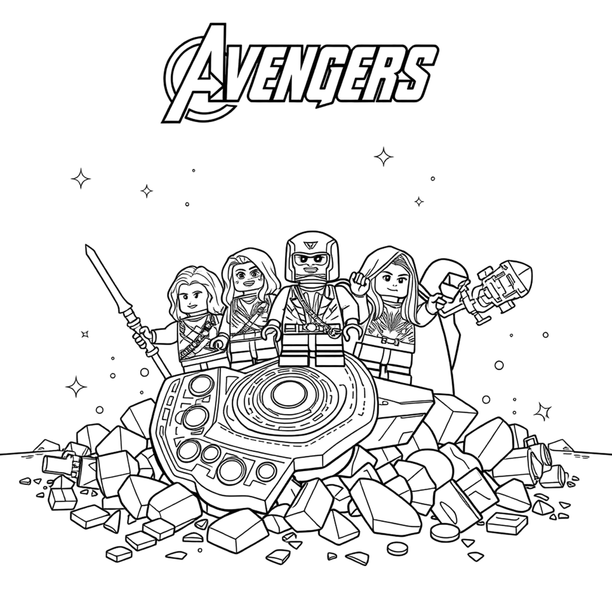 Desenho de Vingadores LEGO em batalha na cidade para imprimir e colorir