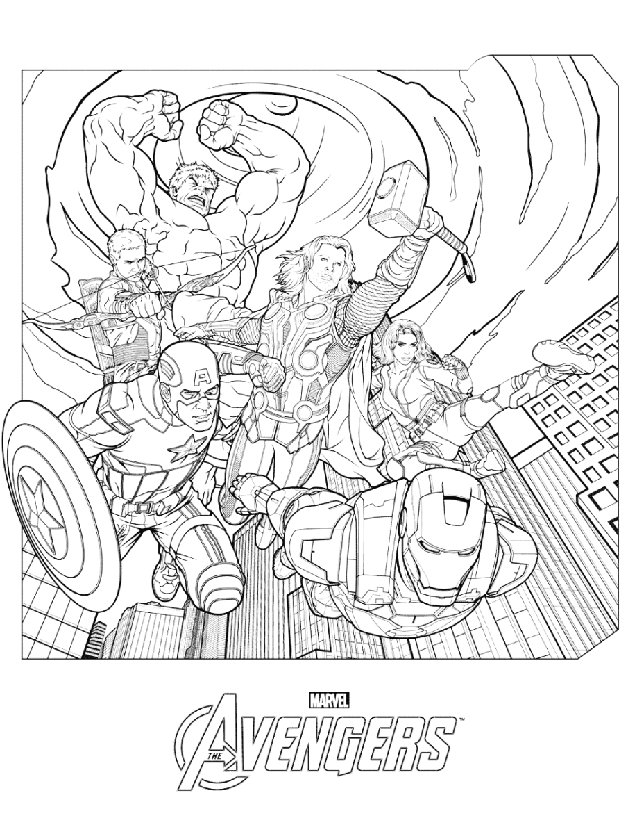 Desenho de Vingadores lutando juntos contra o inimigo para imprimir e colorir