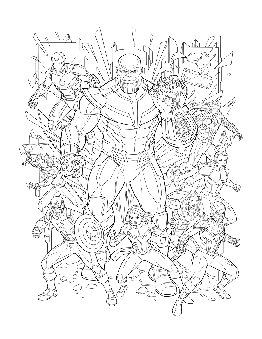 Desenho de Vingadores reunidos em cena de batalha para imprimir e colorir