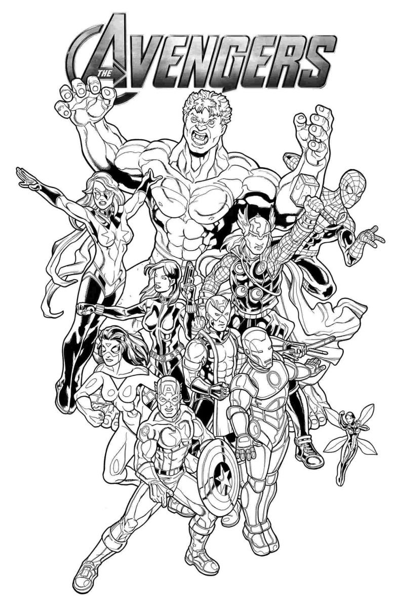 Desenho de Vingadores Ultimato com a equipe completa para imprimir e colorir