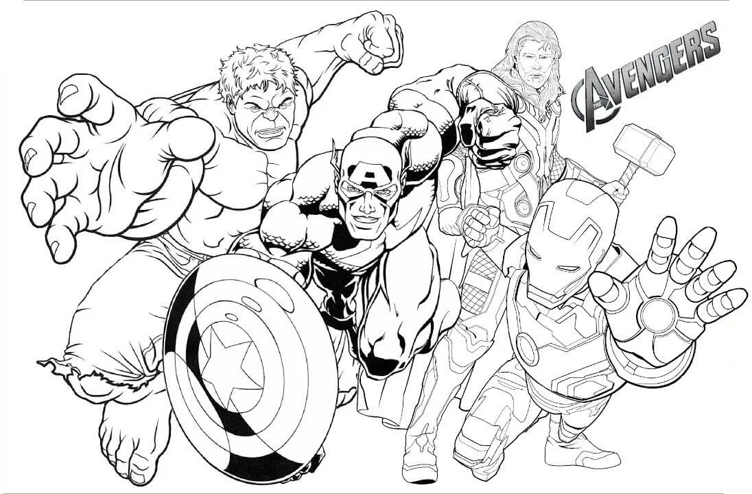 Desenho de Vingadores versão infantil correndo para a aventura para imprimir e colorir