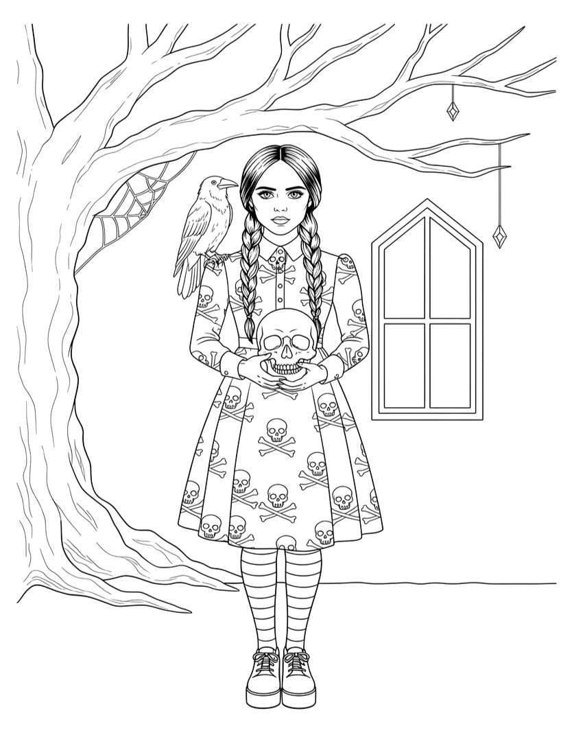 Desenho de Wandinha com a caveira debaixo da árvore para imprimir e colorir
