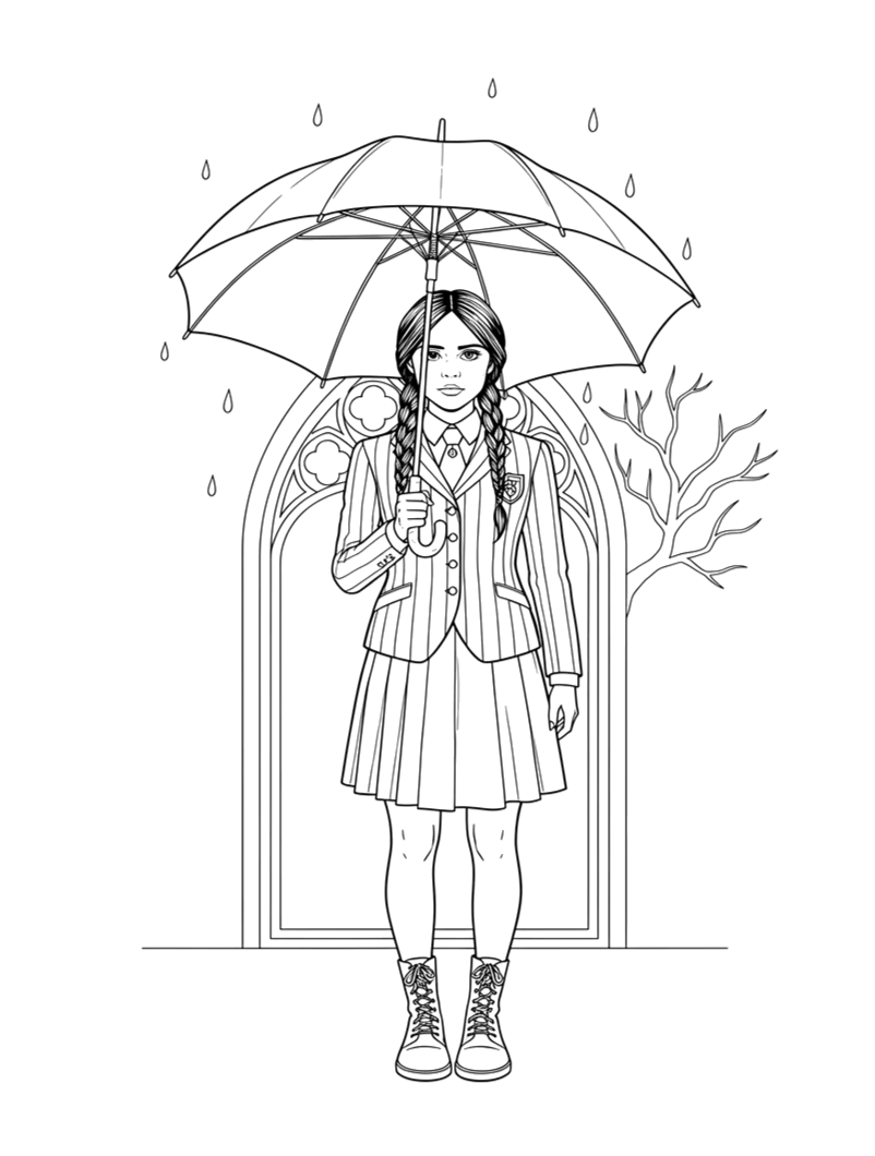 Desenho de Wandinha com guarda-chuva na chuva para imprimir e colorir