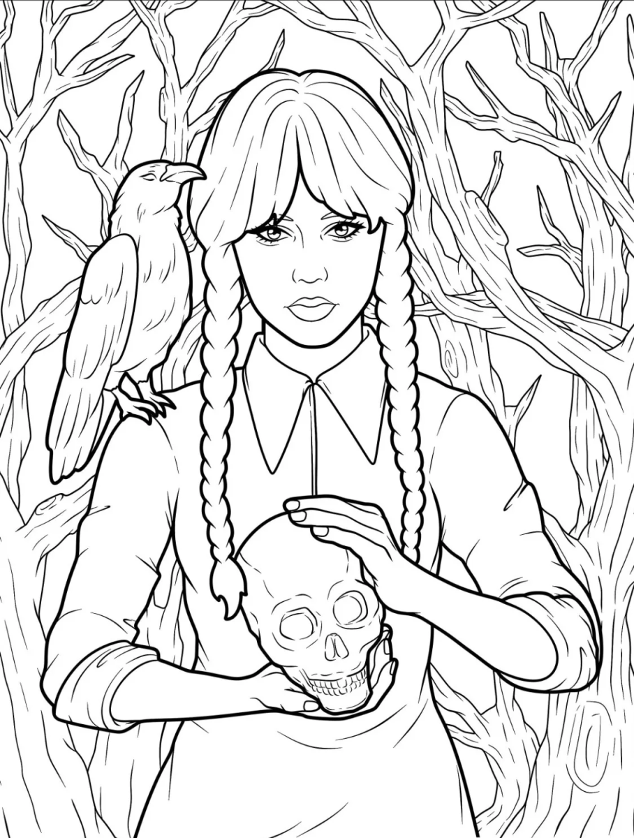 Desenho de Wandinha com o corvo e a caveira para imprimir e colorir