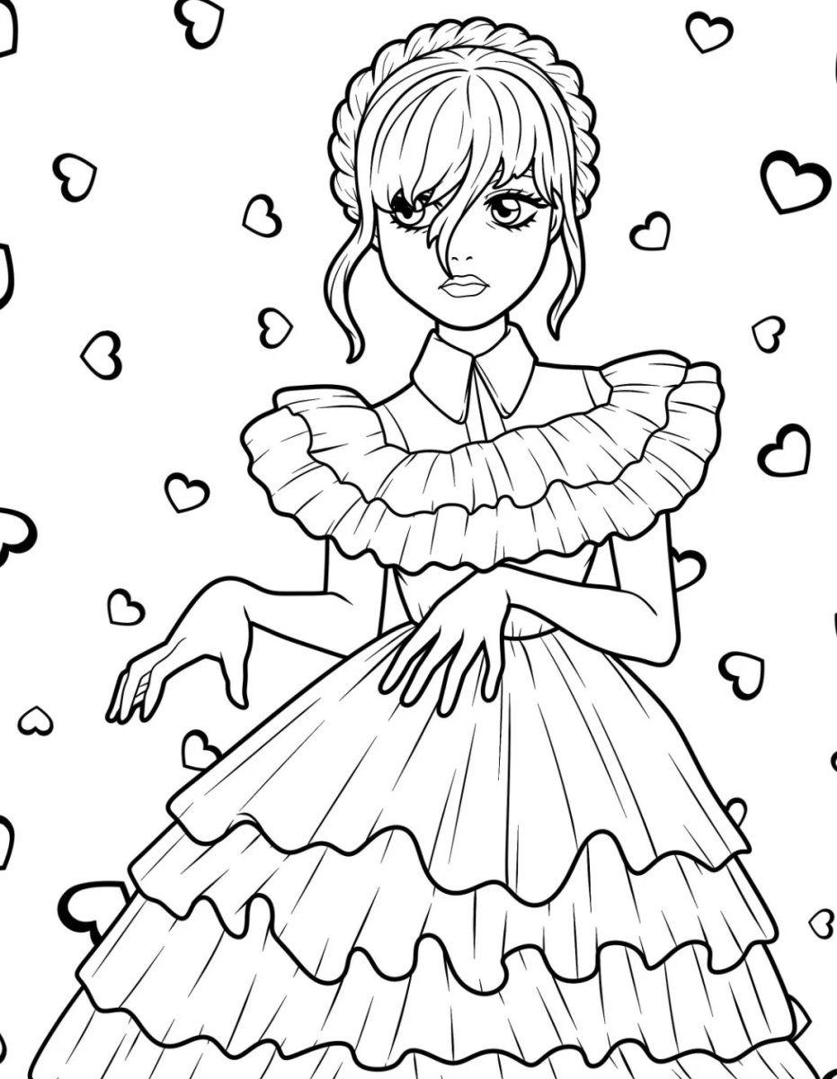 Desenho de Wandinha com vestido de babados e corações para imprimir e colorir