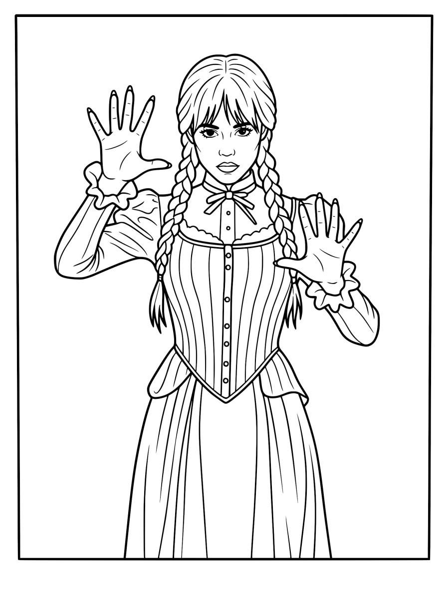 Desenho de Wandinha dançando com as mãos para o alto para imprimir e colorir