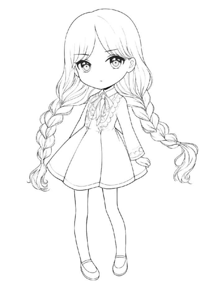 Desenho de Wandinha de tranças longas estilo chibi para imprimir e colorir