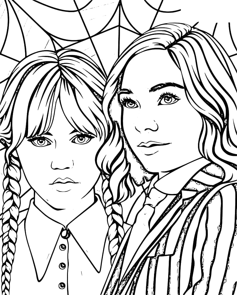 Desenho de Wandinha e Enid entre teias de aranha para imprimir e colorir