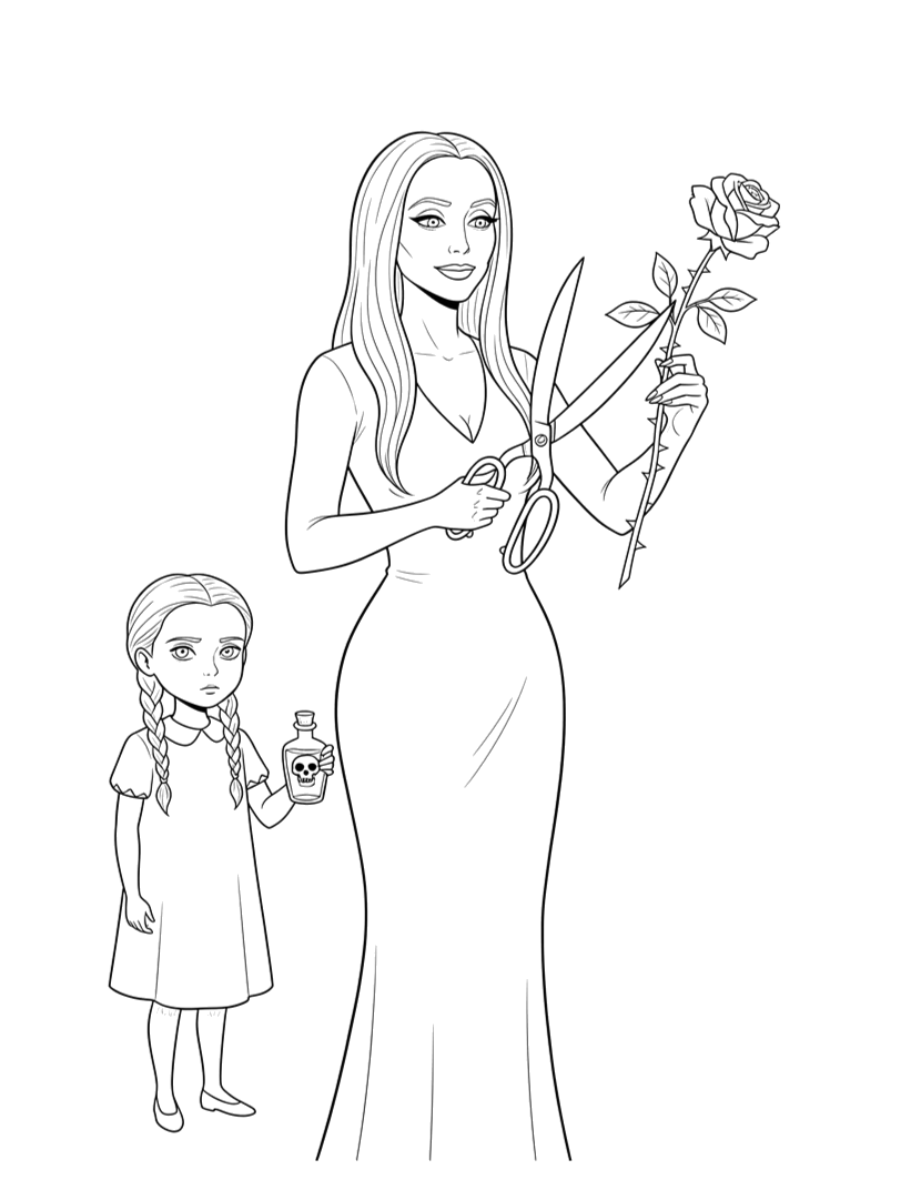 Desenho de Wandinha e Mortícia com uma rosa para imprimir e colorir