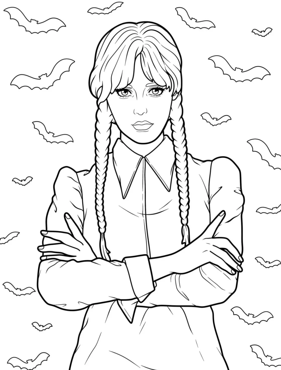 Desenho de Wandinha e os morcegos para imprimir e colorir