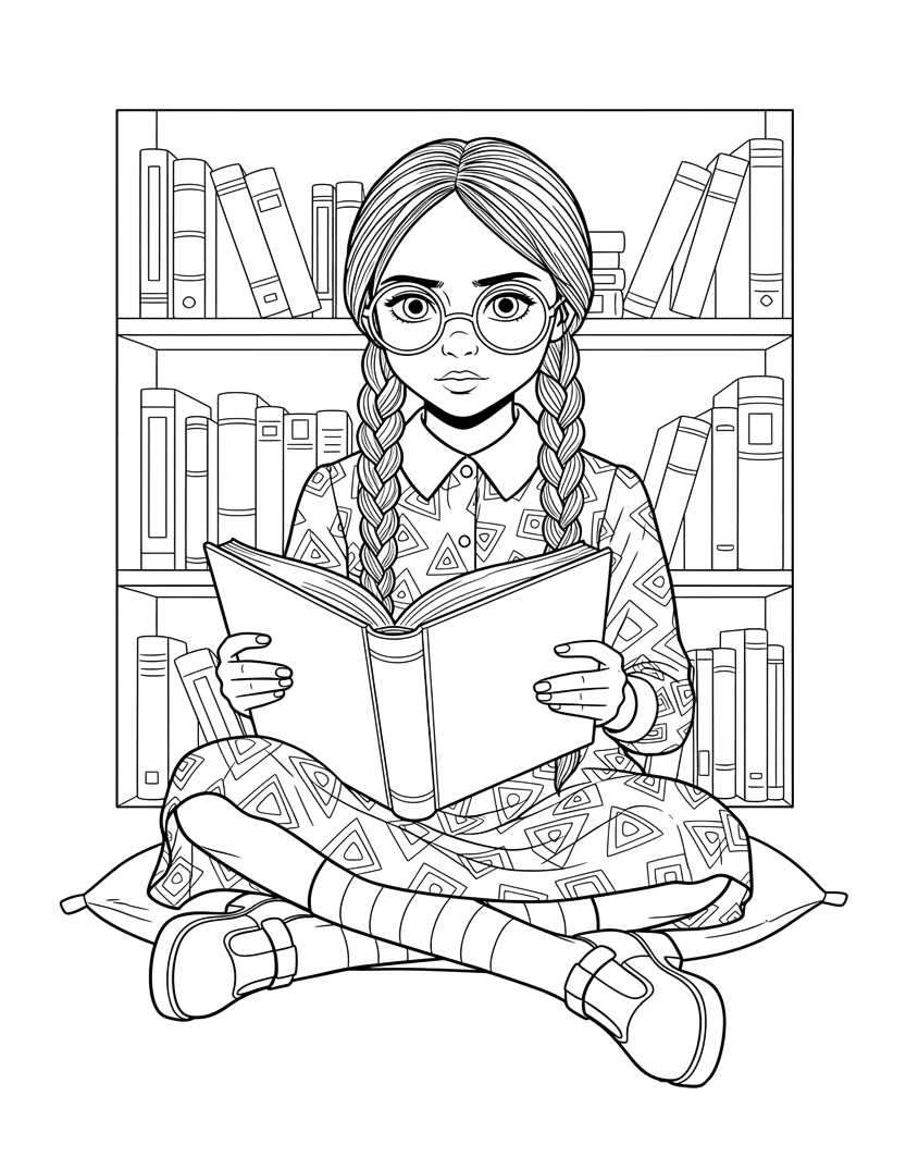 Desenho de Wandinha lendo na biblioteca para imprimir e colorir