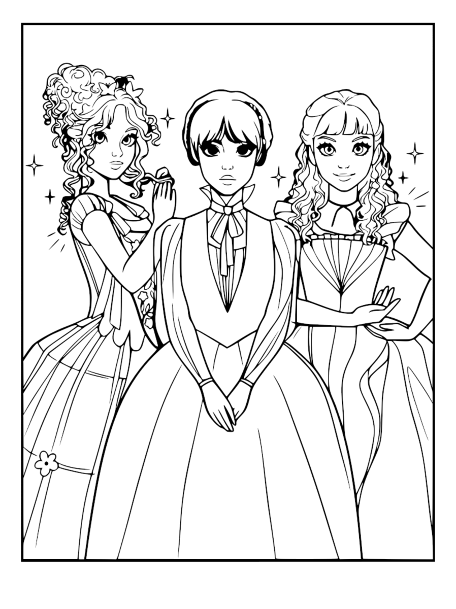 Desenho de Wandinha no baile com as amigas para imprimir e colorir