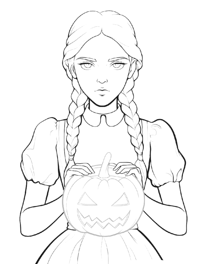 Desenho de Wandinha segurando a abóbora de Halloween para imprimir e colorir