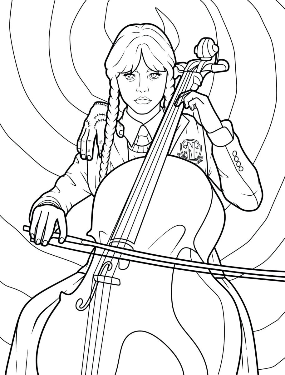 Desenho de Wandinha tocando violoncelo para imprimir e colorir