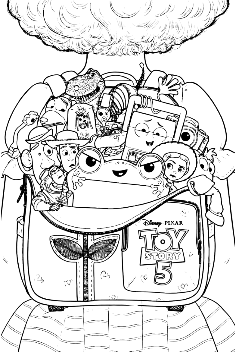 Desenho de Woody, Buzz e Jessie na aventura de Toy Story 5 para imprimir e colorir
