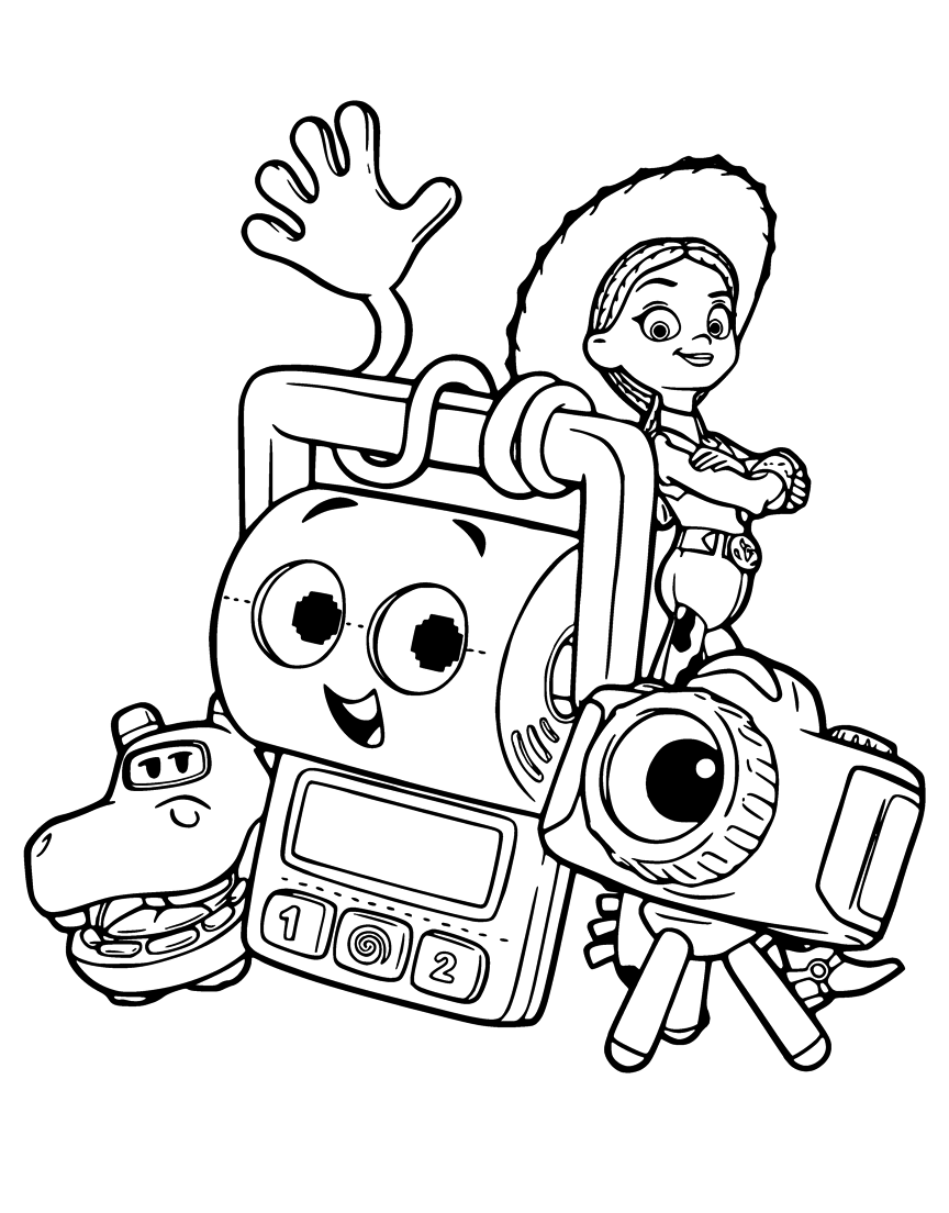 Desenho de Woody com os novos amigos de Toy Story 5 para imprimir e colorir