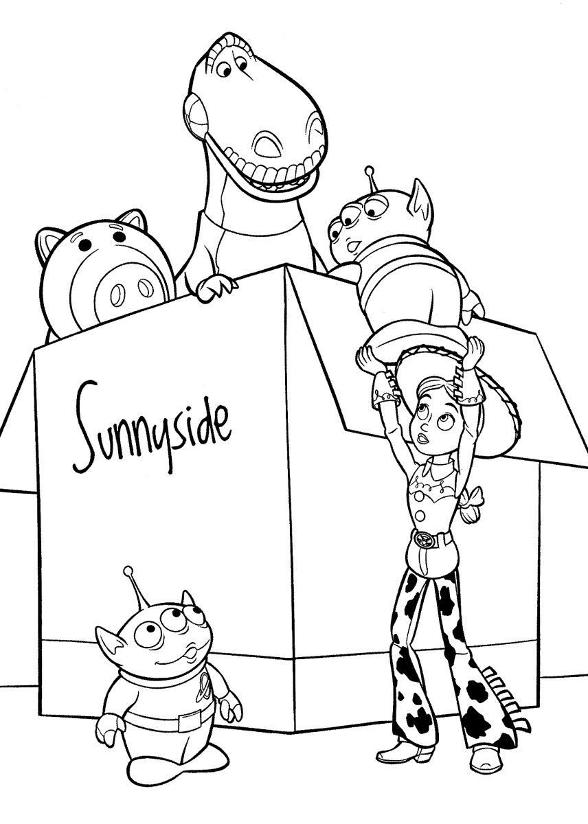 Desenho de Woody e Buzz saindo da caixa de brinquedos para imprimir e colorir