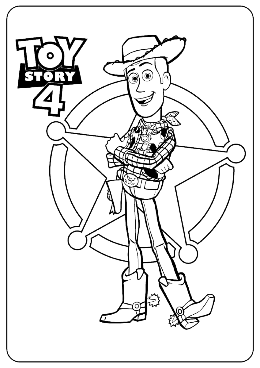 Desenho de Woody no pôster de Toy Story 4 para imprimir e colorir