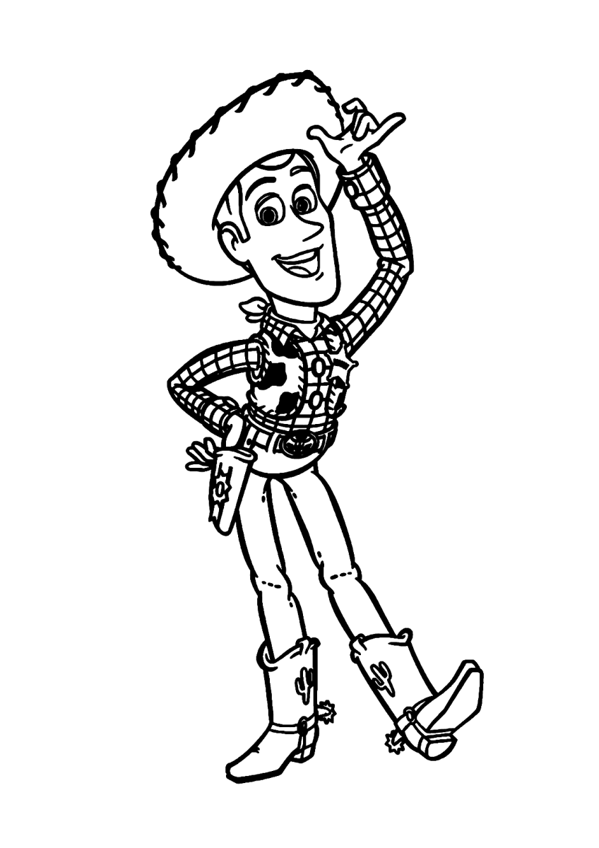 Desenho de Woody pulando de alegria para imprimir e colorir